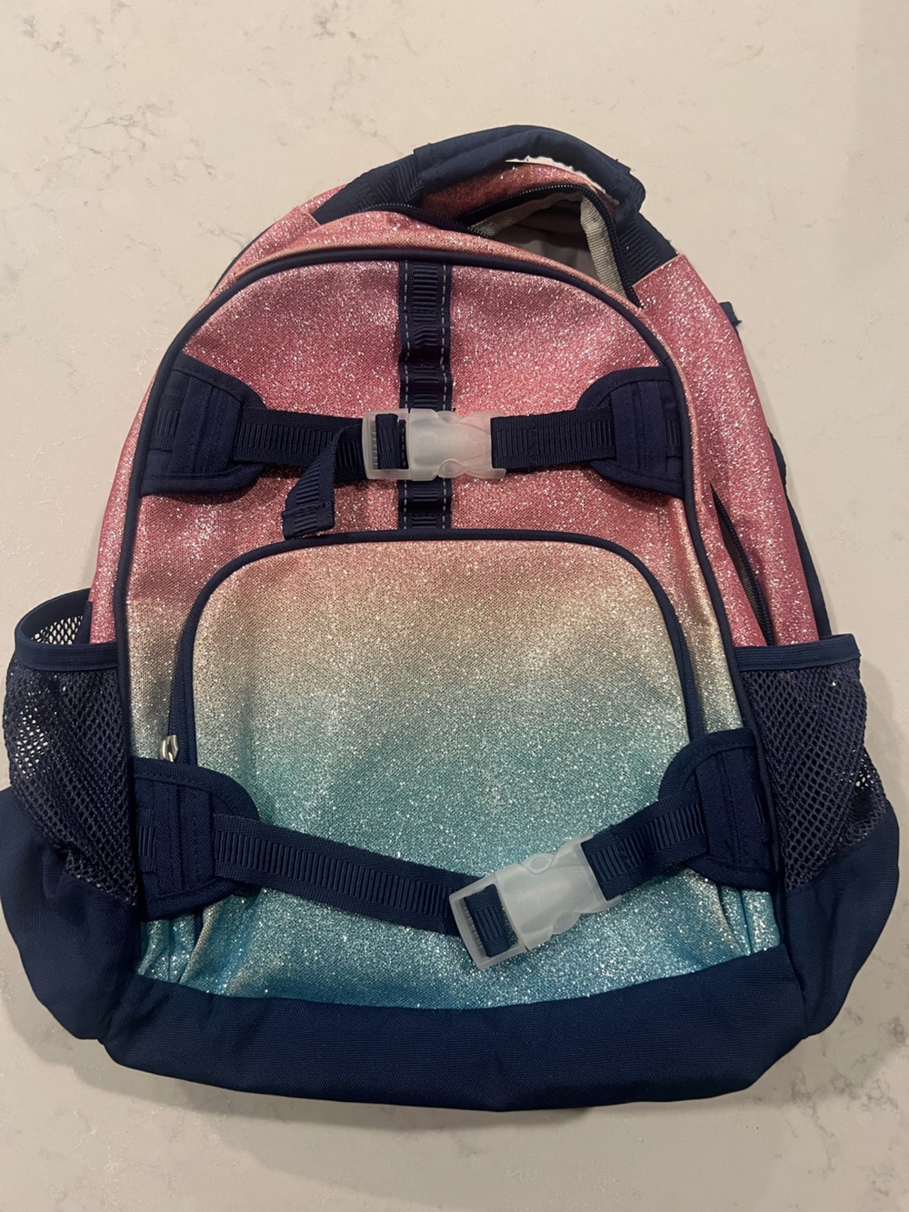 Pottery Barn Kids Glitter Ombre Backpack in Pink, Blue, Navy Trim Large 16”